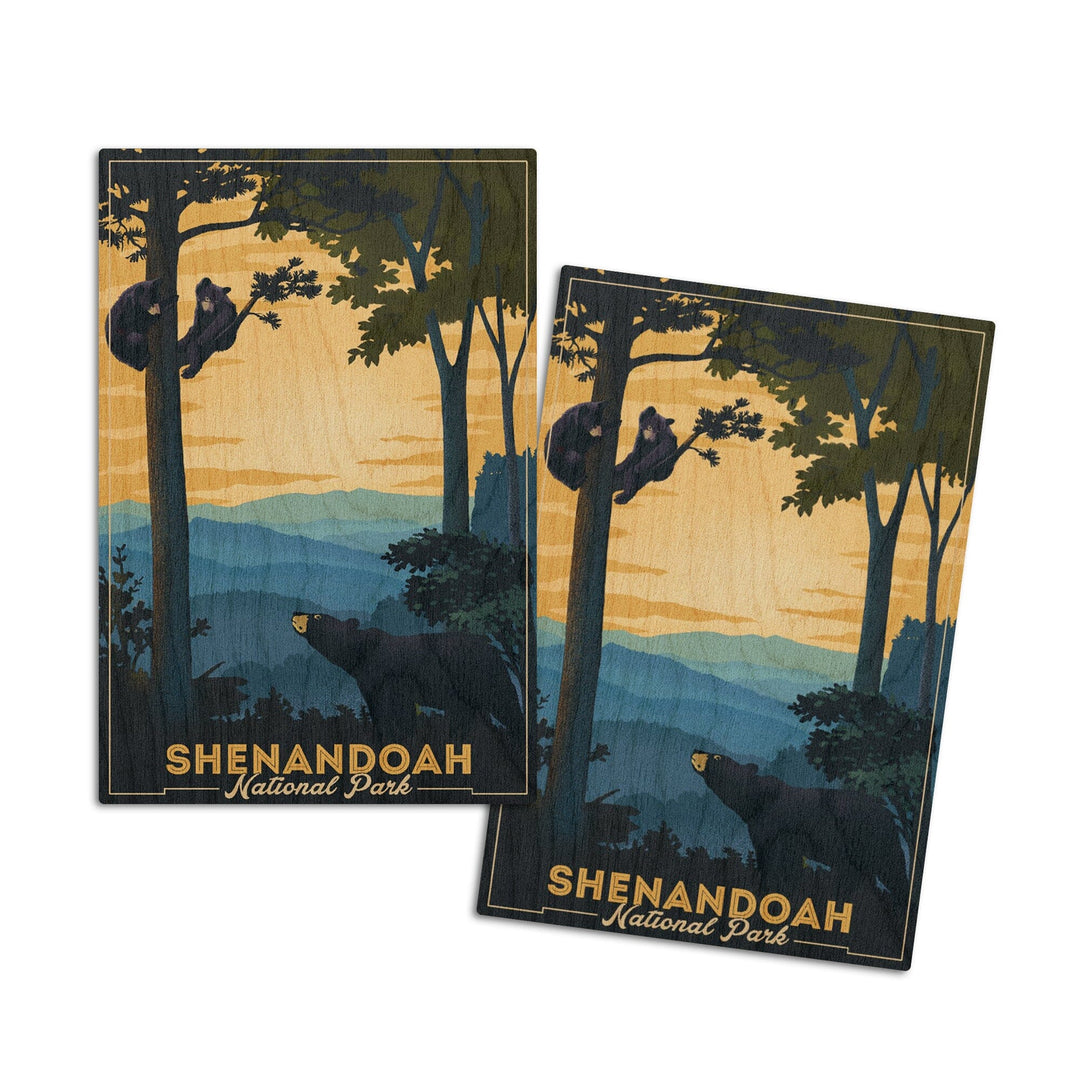 Shenandoah National Park, Black Bears, Lithograph, Lantern Press Artwork, Wood Signs and Postcards Wood Lantern Press 4x6 Wood Postcard Set 