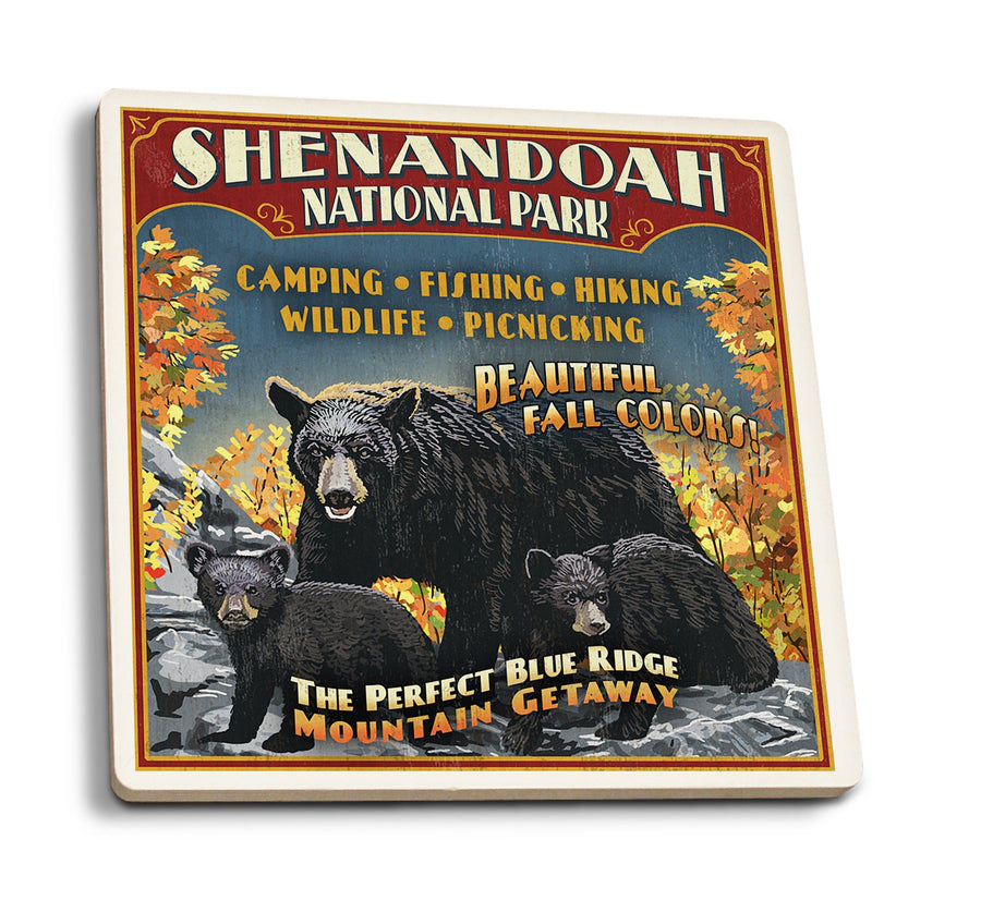 Shenandoah National Park, Virginia, Bear & Cubs Vintage Sign, Lantern Press Artwork, Coaster Set Coasters Lantern Press 