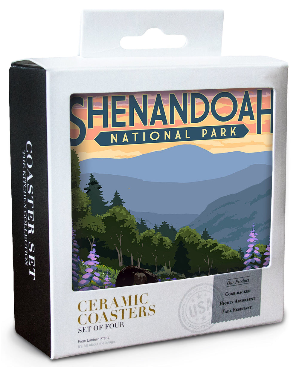 Shenandoah National Park, Virginia, Black Bear and Cubs with Flowers, Lantern Press Artwork, Coaster Set Coasters Lantern Press 