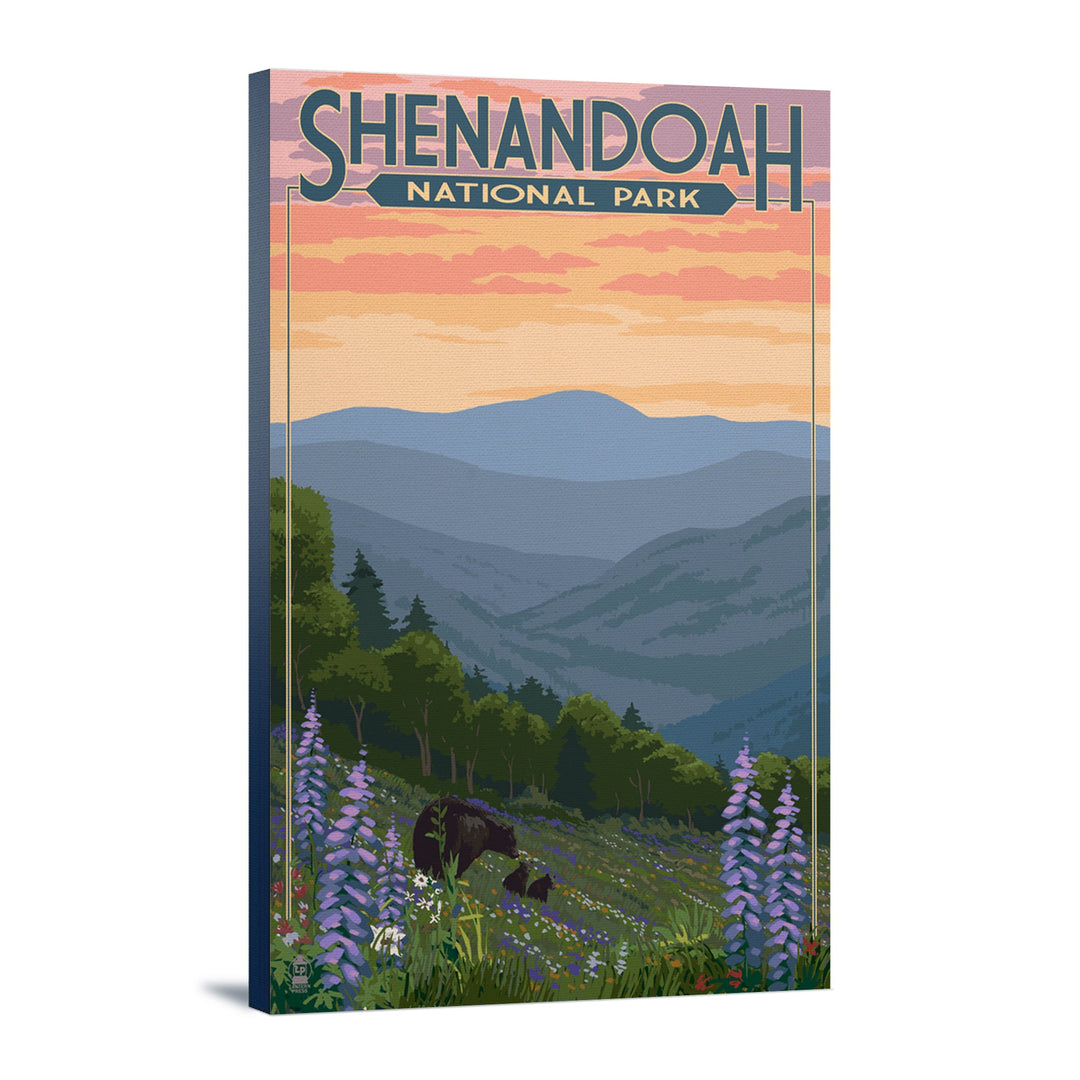 Shenandoah National Park, Virginia, Black Bear and Cubs with Flowers, Lantern Press Artwork, Stretched Canvas Canvas Lantern Press 12x18 Stretched Canvas 