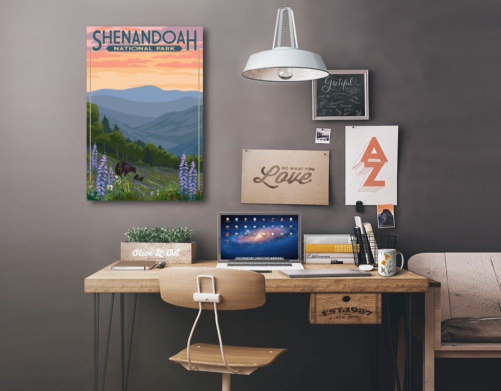 Shenandoah National Park, Virginia, Black Bear and Cubs with Flowers, Lantern Press Artwork, Stretched Canvas Canvas Lantern Press 