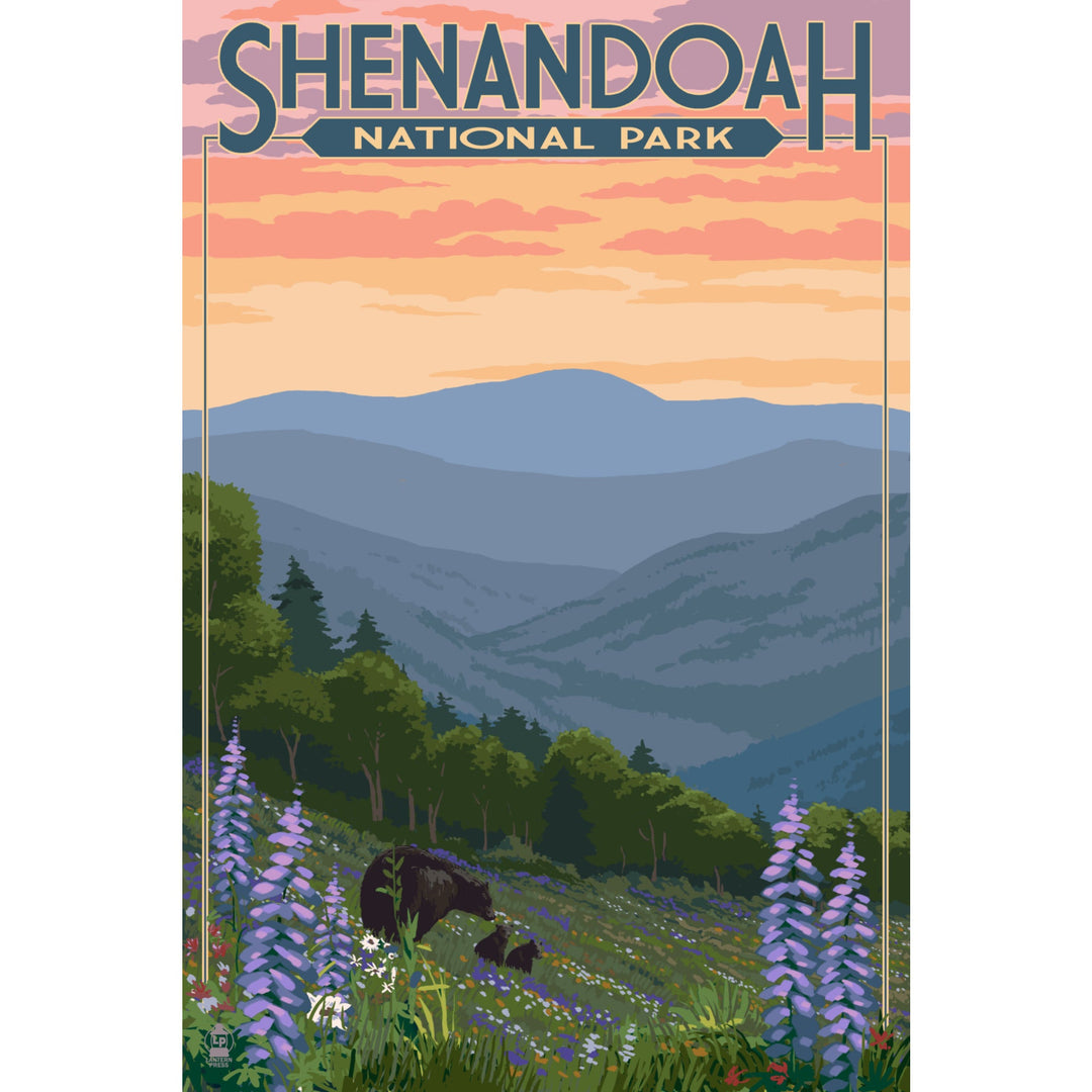 Shenandoah National Park, Virginia, Black Bear and Cubs with Flowers, Lantern Press Artwork, Stretched Canvas Canvas Lantern Press 