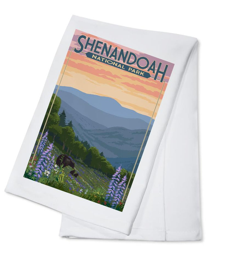 Shenandoah National Park, Virginia, Black Bear and Cubs with Flowers, Lantern Press Artwork, Towels and Aprons Kitchen Lantern Press Cotton Towel 
