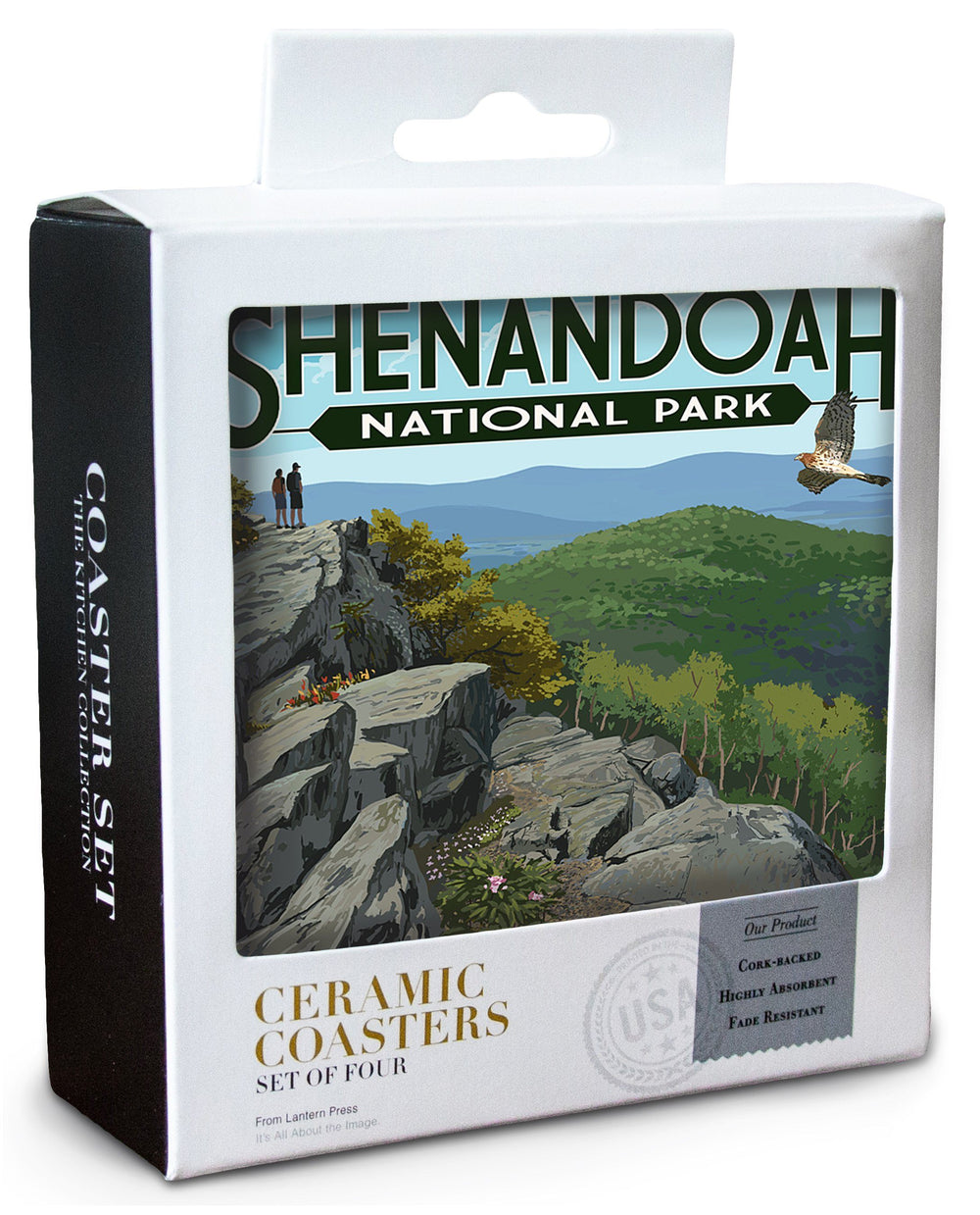 Shenandoah National Park, Virginia, Hikers & Hawk, Lantern Press Artwork, Coaster Set Coasters Lantern Press 