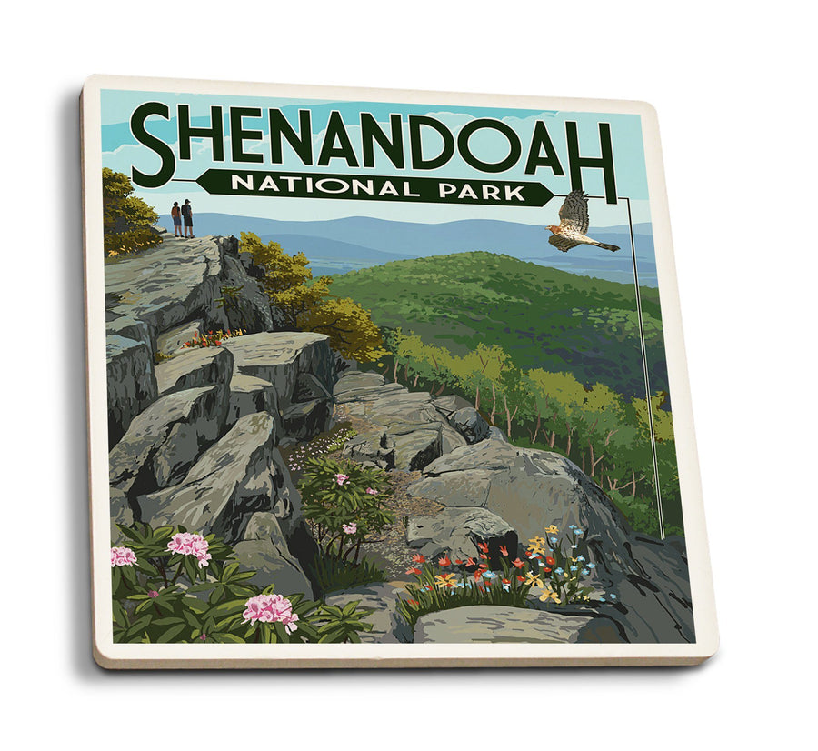 Shenandoah National Park, Virginia, Hikers & Hawk, Lantern Press Artwork, Coaster Set Coasters Lantern Press 