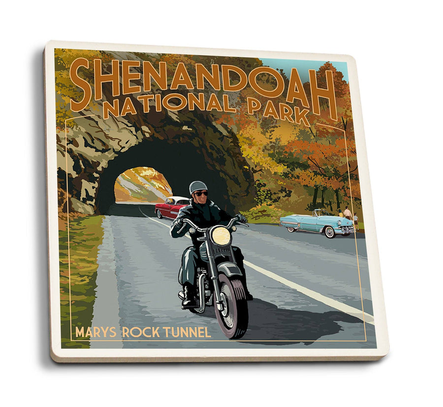 Shenandoah National Park, Virginia, Marys Rock Tunnel Motorcycle, Lantern Press Artwork, Coaster Set Coasters Lantern Press 