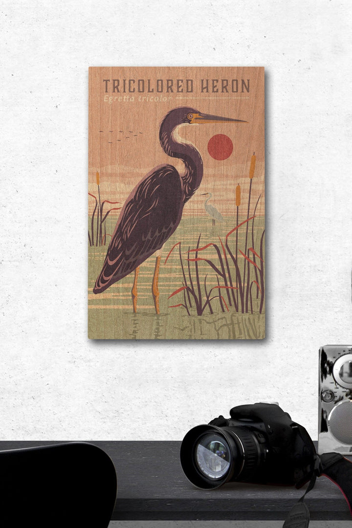 Shorebirds at Sunset Collection, Tricolored Heron, Bird, Wood Signs and Postcards Wood Lantern Press 12 x 18 Wood Gallery Print 