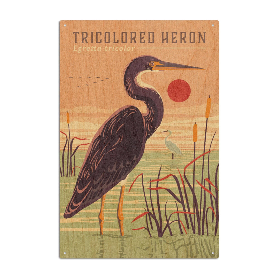 Shorebirds at Sunset Collection, Tricolored Heron, Bird, Wood Signs and Postcards Wood Lantern Press 6x9 Wood Sign 