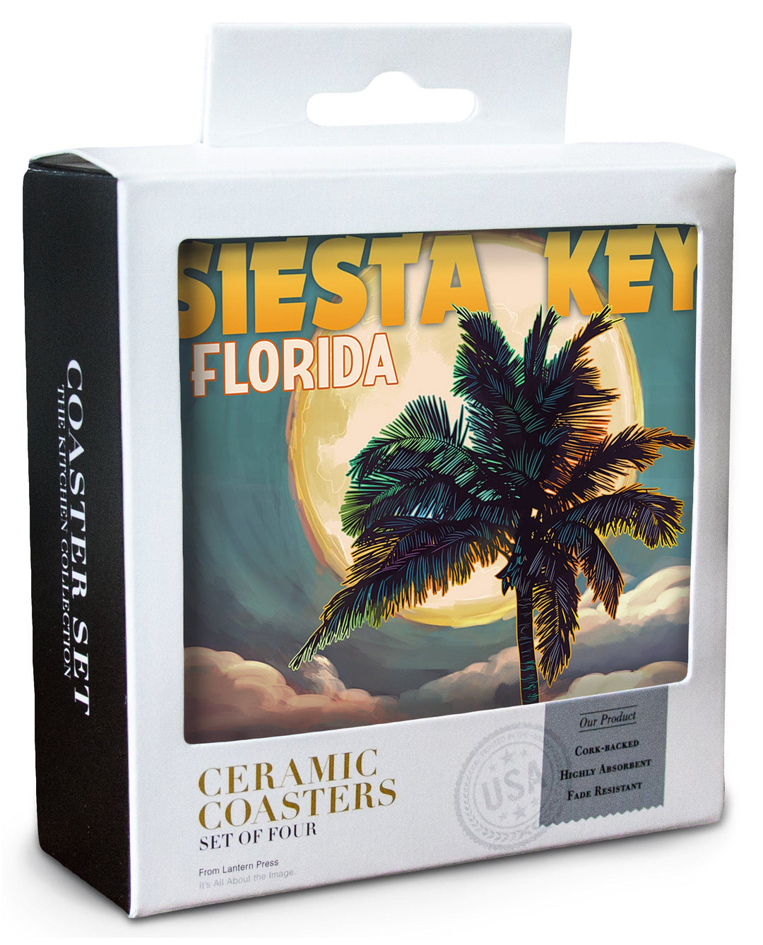 Siesta Key, Florida, Palm and Moon, Lantern Press Artwork, Coaster Set Coasters Lantern Press 