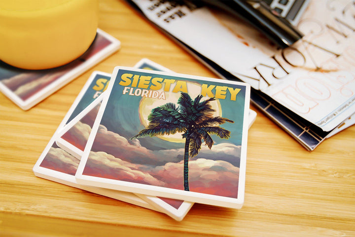 Siesta Key, Florida, Palm and Moon, Lantern Press Artwork, Coaster Set Coasters Lantern Press 