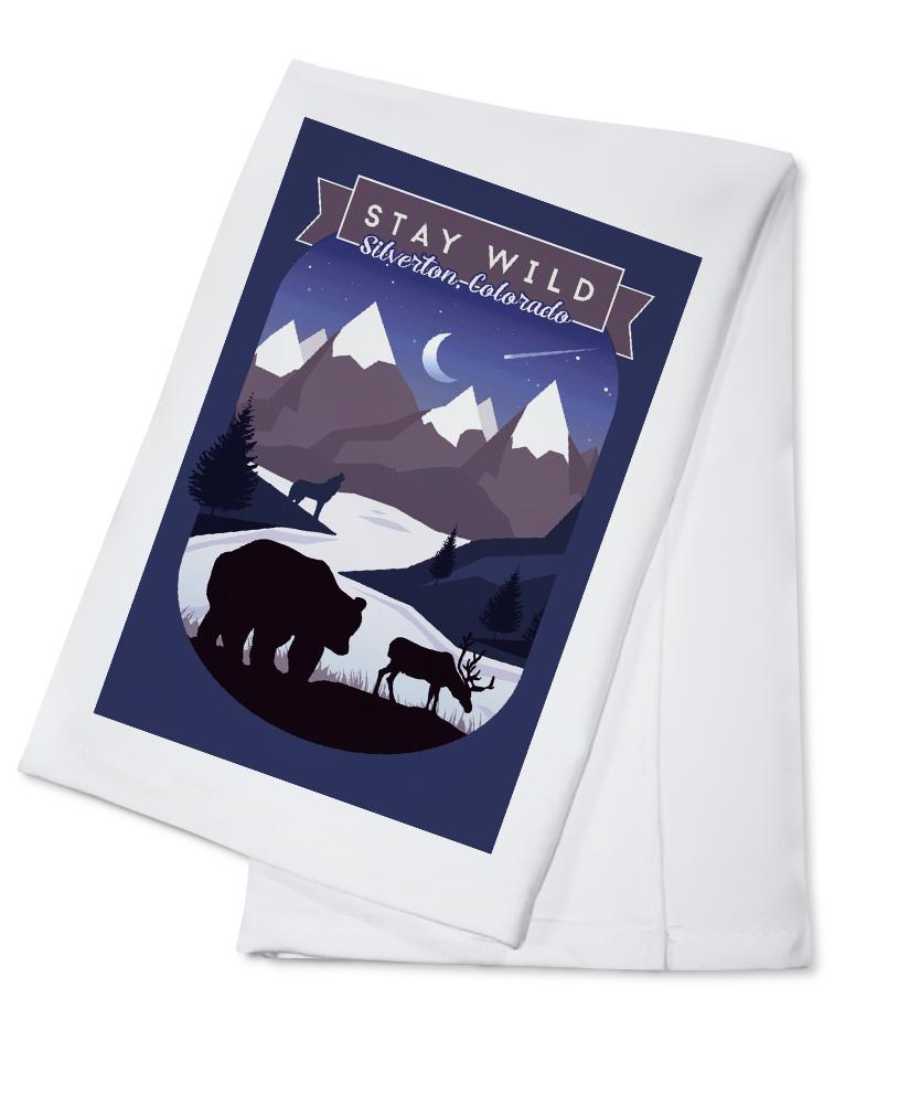 Silverton, Colorado, Stay Wild, Bear & Mountain Silhouette, Contour, Lantern Press Artwork, Towels and Aprons Kitchen Lantern Press Cotton Towel 