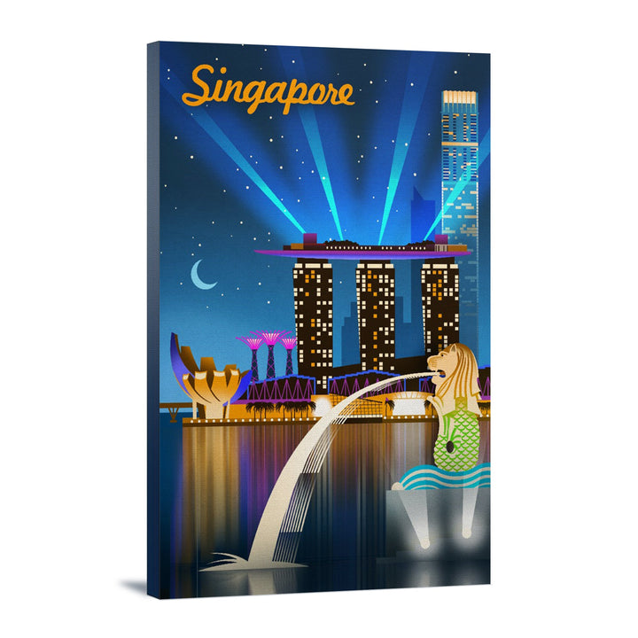 Singapore, Retro Skyline, Lantern Press Artwork, Stretched Canvas Canvas Lantern Press 12x18 Stretched Canvas 