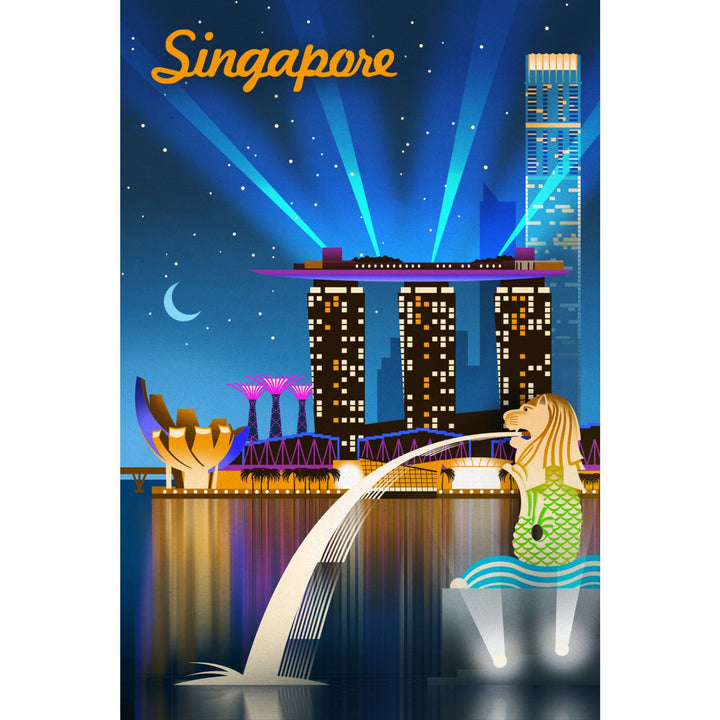 Singapore, Retro Skyline, Lantern Press Artwork, Stretched Canvas Canvas Lantern Press 