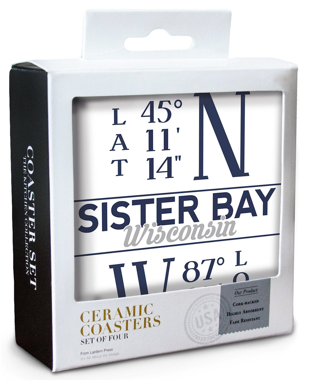 Sister Bay, Wisconsin, Latitude & Longitude, Lantern Press Artwork, Coaster Set Coasters Lantern Press 