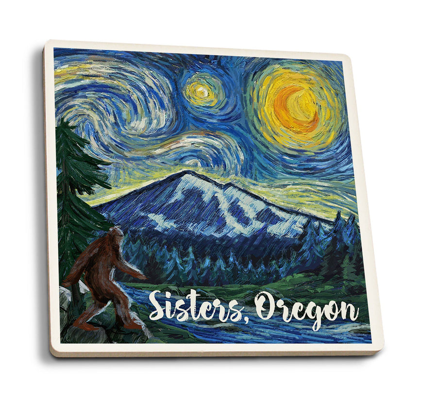 Sisters, Oregon, Bigfoot, Starry NIght, Lantern Press Artwork, Coaster Set Coasters Lantern Press 