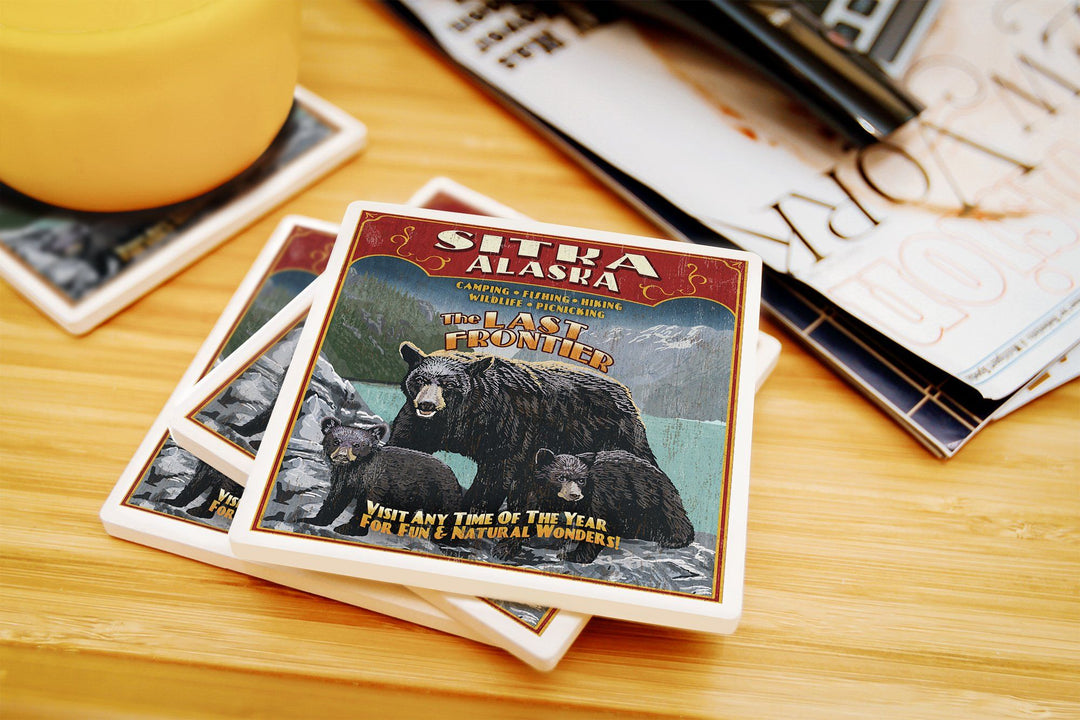 Sitka, Alaska, Black Bear Family Vintage Sign, Lantern Press Poster, Coaster Set Coasters Lantern Press 