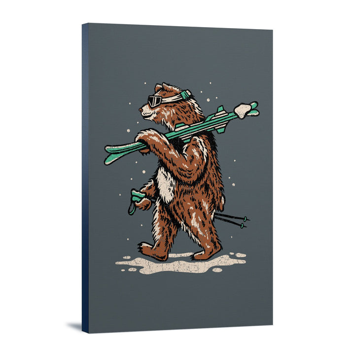 Ski Bear, Distressed Vector, Lantern Press Artwork, Stretched Canvas Canvas Lantern Press 12x18 Stretched Canvas 