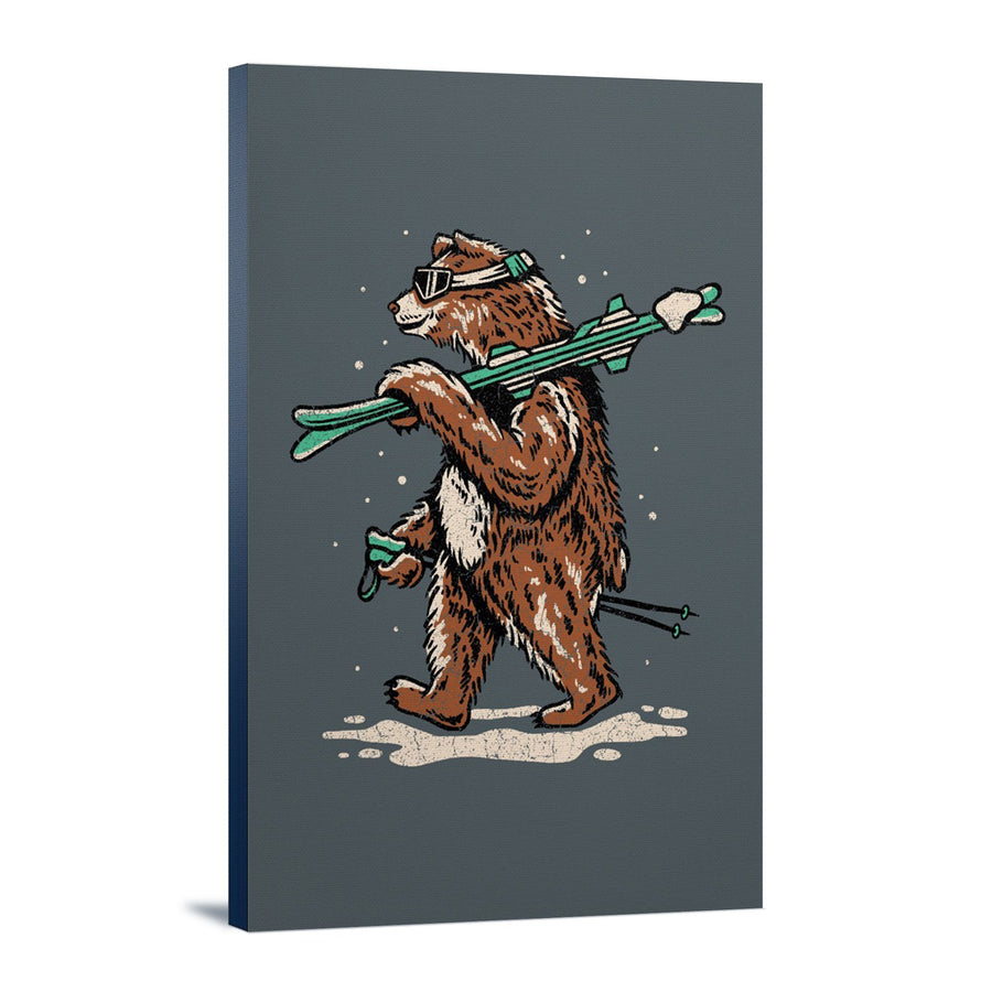 Ski Bear, Distressed Vector, Lantern Press Artwork, Stretched Canvas Canvas Lantern Press 