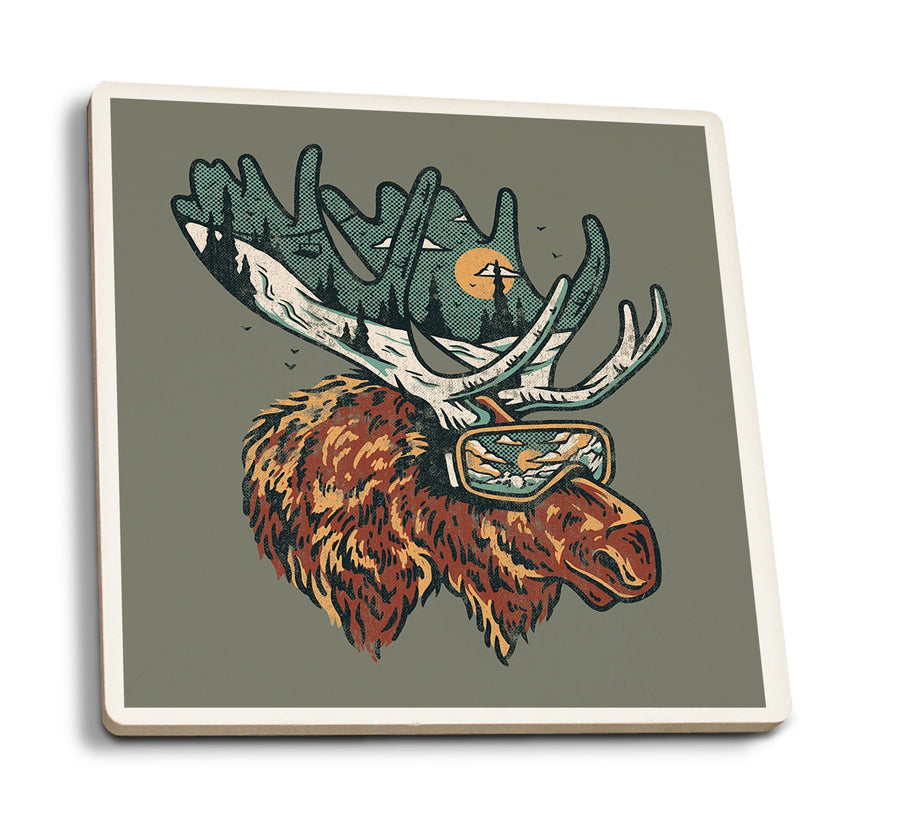 Ski Moose, Distressed Vector, Lantern Press Artwork, Coaster Set Coasters Lantern Press 