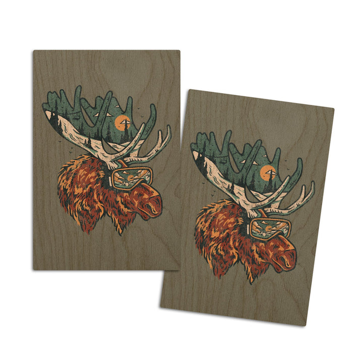 Ski Moose, Distressed Vector, Lantern Press Artwork, Wood Signs and Postcards Wood Lantern Press 4x6 Wood Postcard Set 