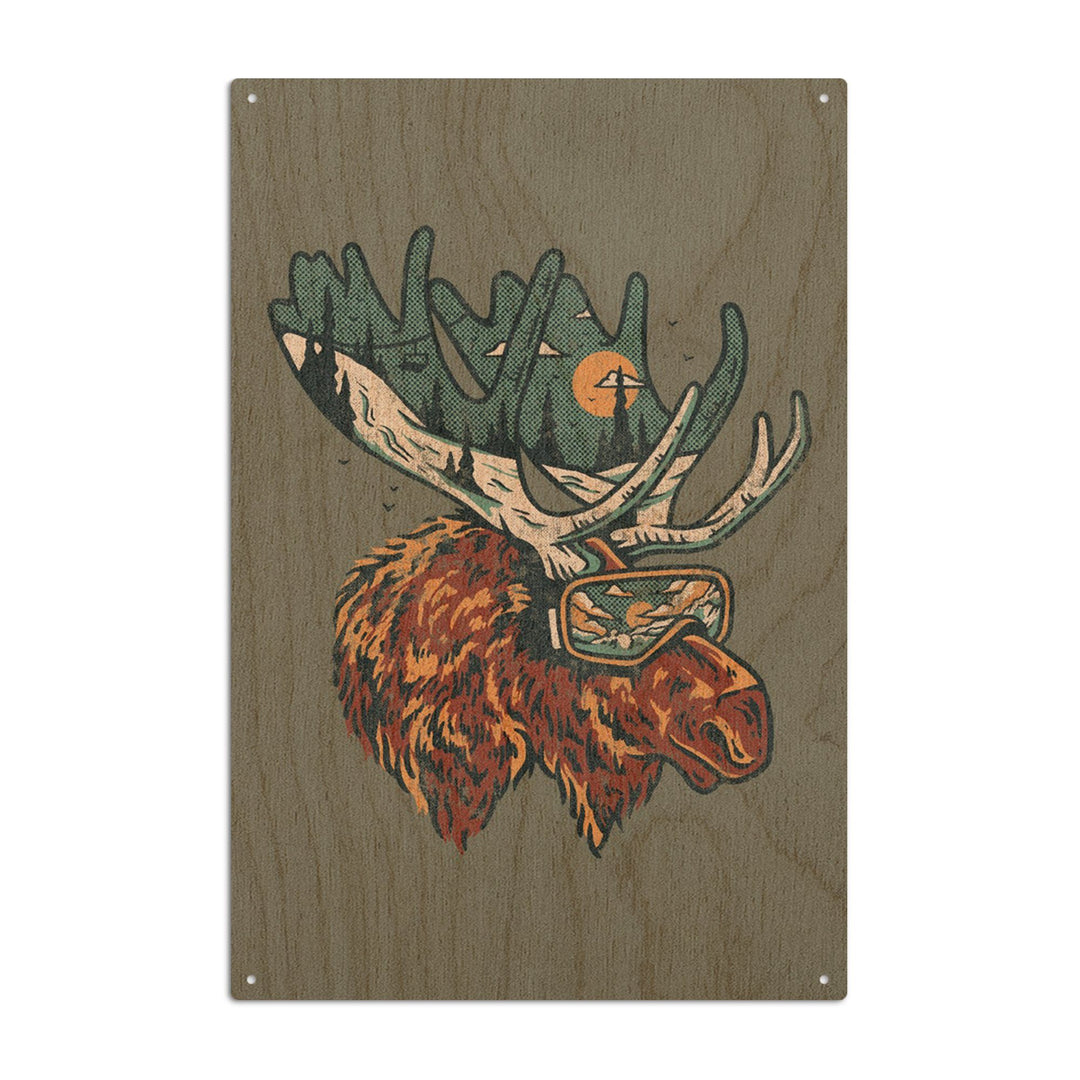 Ski Moose, Distressed Vector, Lantern Press Artwork, Wood Signs and Postcards Wood Lantern Press 6x9 Wood Sign 