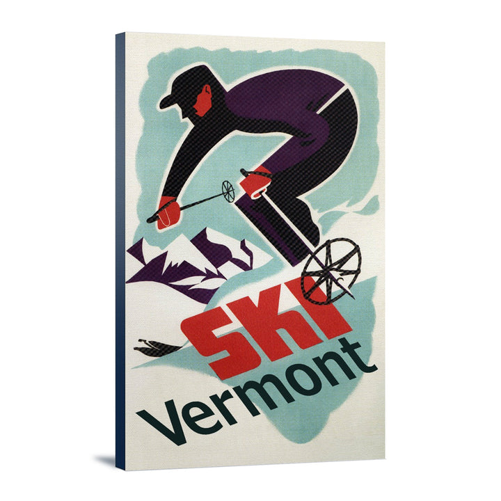 Ski Vermont, Retro Skier, Lantern Press Artwork, Stretched Canvas Canvas Lantern Press 12x18 Stretched Canvas 