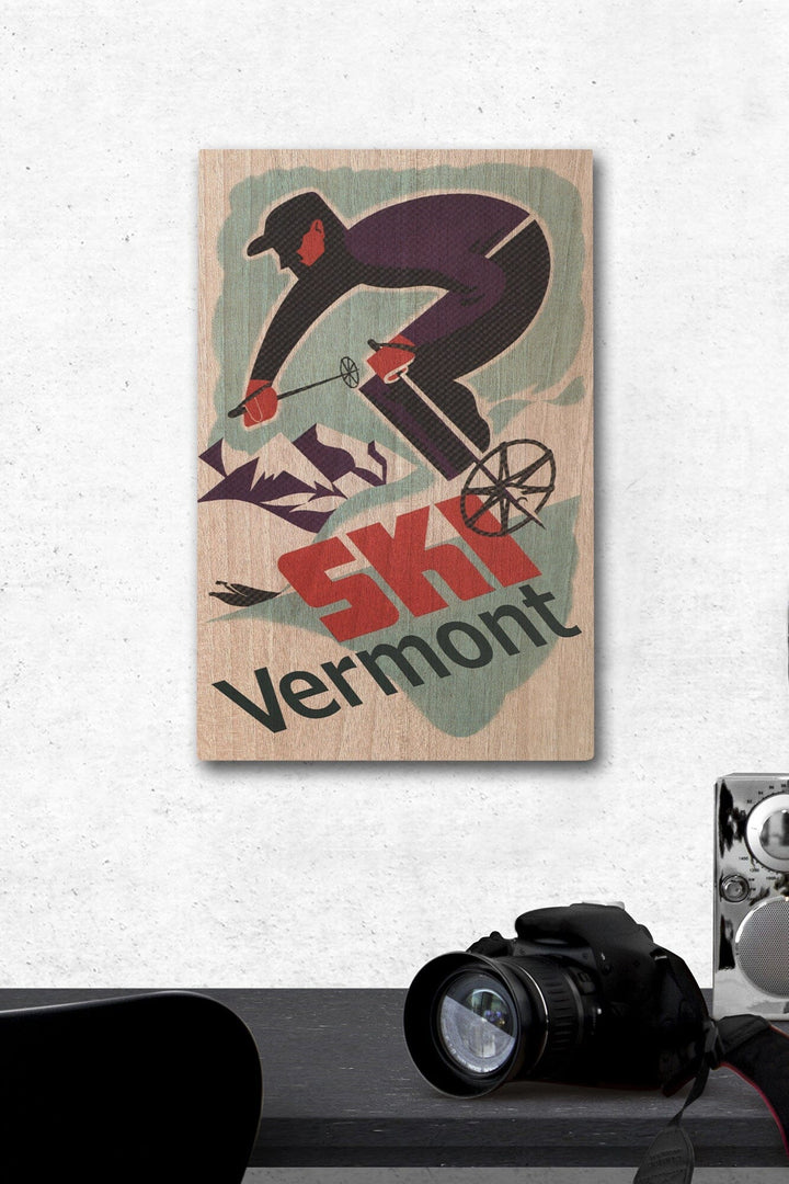 Ski Vermont, Retro Skier, Lantern Press Artwork, Wood Signs and Postcards Wood Lantern Press 12 x 18 Wood Gallery Print 