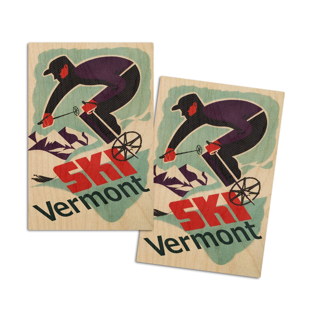 Ski Vermont, Retro Skier, Lantern Press Artwork, Wood Signs and Postcards Wood Lantern Press 4x6 Wood Postcard Set 