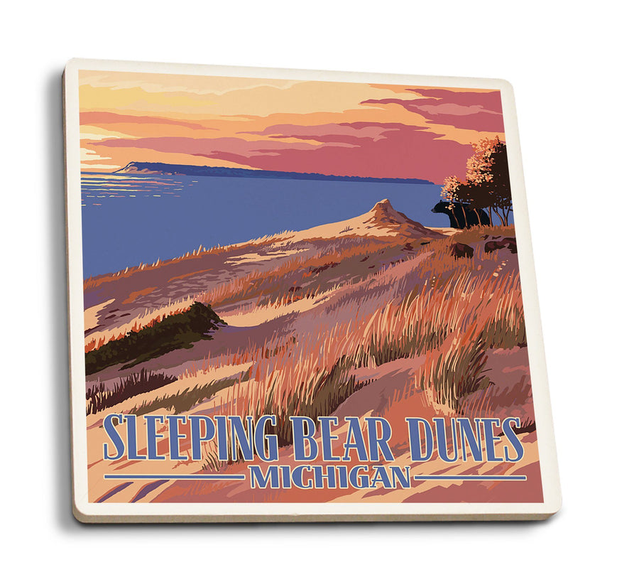 Sleeping Bear Dunes, Michigan, Dunes Sunset and Bear, Lantern Press Artwork, Coaster Set Coasters Lantern Press 