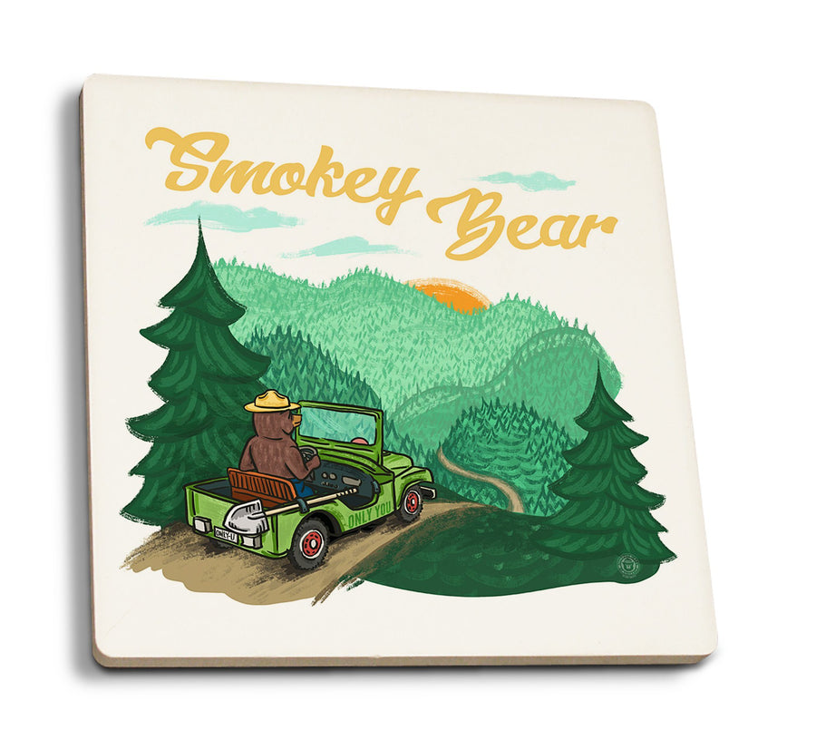 Smokey Bear Driving, Lantern Press Artwork, Coaster Set Coasters Lantern Press 