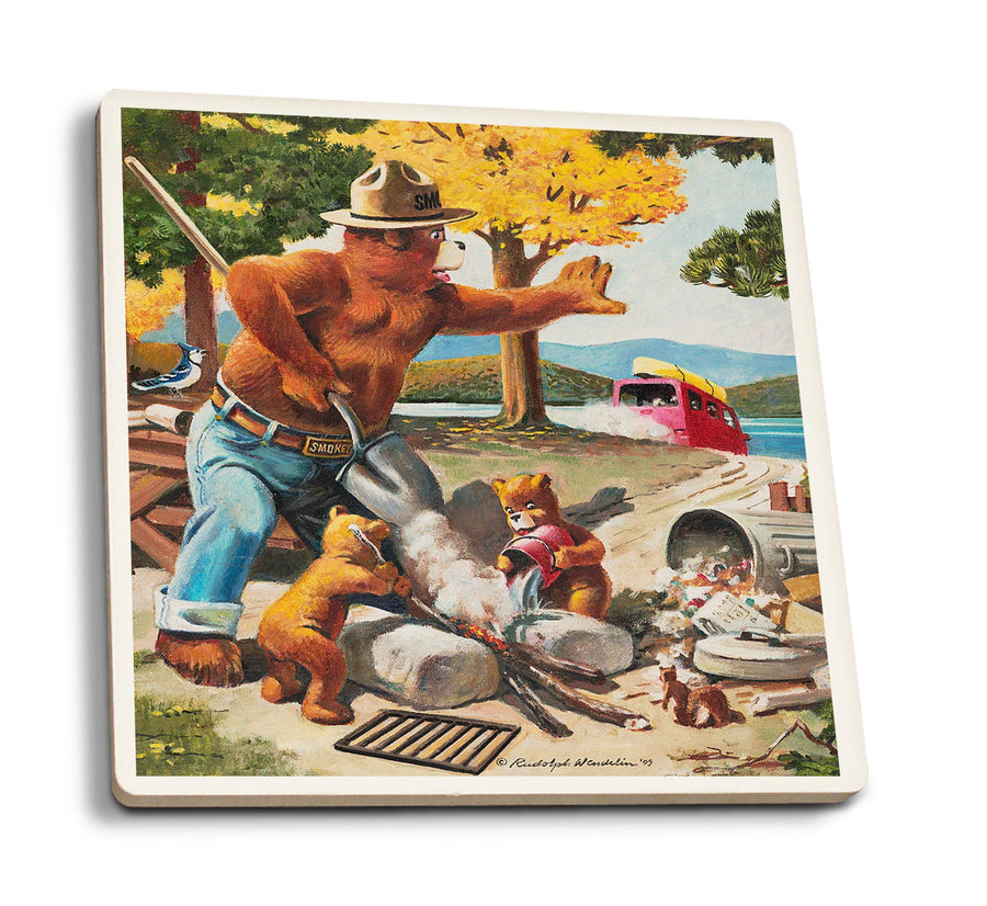 Smokey Bear, Extinguishing Left Campfire, Vintage Poster, Coaster Set Coasters Lantern Press 