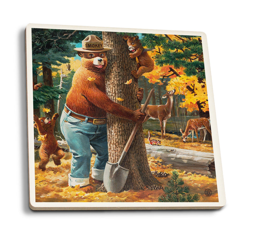 Smokey Bear, Hugging Tree, Vintage Poster, Coaster Set Coasters Lantern Press 