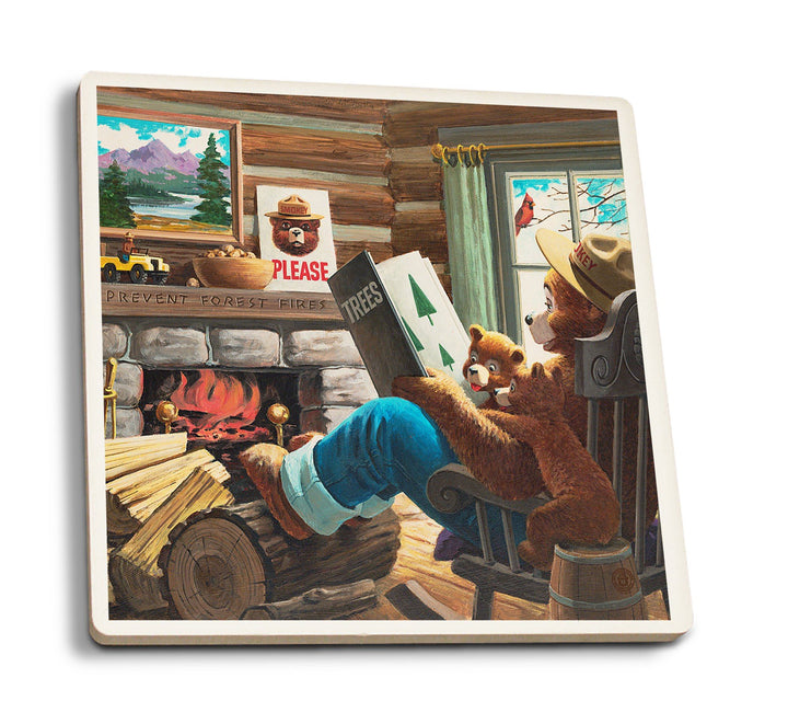Smokey Bear, Reading Book to Cubs, Vintage Poster, Coaster Set Coasters Lantern Press 