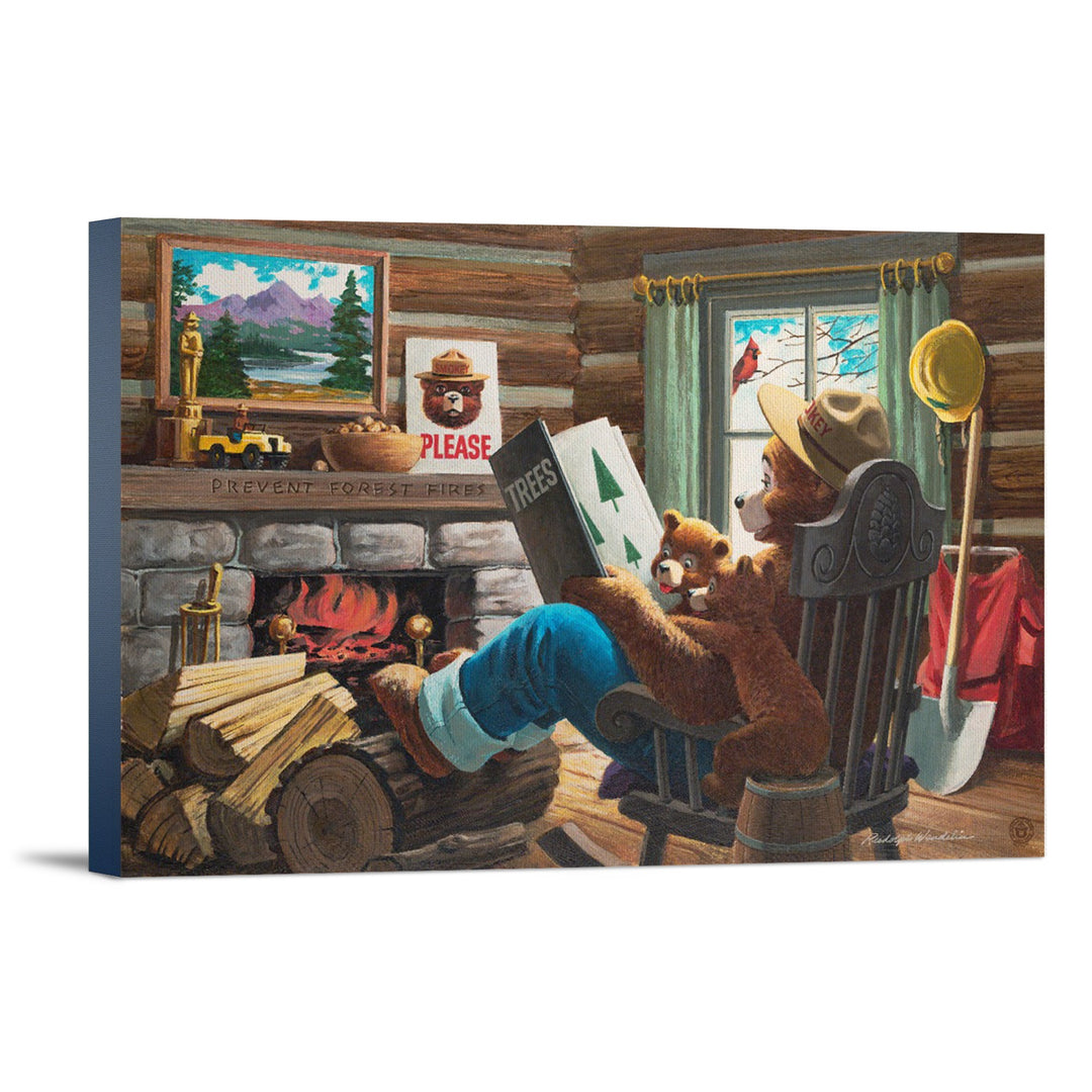 Smokey Bear, Reading Book to Cubs, Vintage Poster, Stretched Canvas Canvas Lantern Press 12x18 Stretched Canvas 