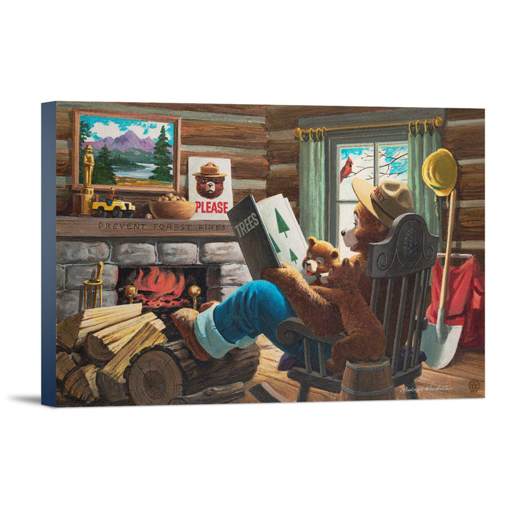 Smokey Bear, Reading Book to Cubs, Vintage Poster, Stretched Canvas Canvas Lantern Press 24x36 Stretched Canvas 