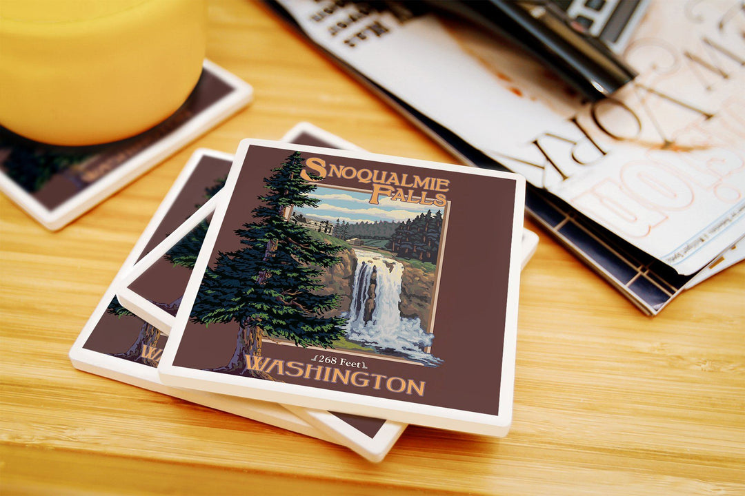 Snoqualmie Falls, Washington, Day, Lantern Press Artwork, Coaster Set Coasters Lantern Press 