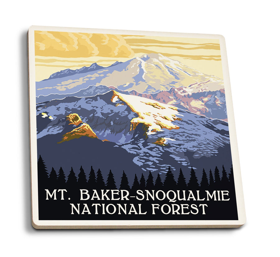 Snoqualmie National Forest, Washington, Mt. Baker, Lantern Press Artwork, Coaster Set Coasters Lantern Press 