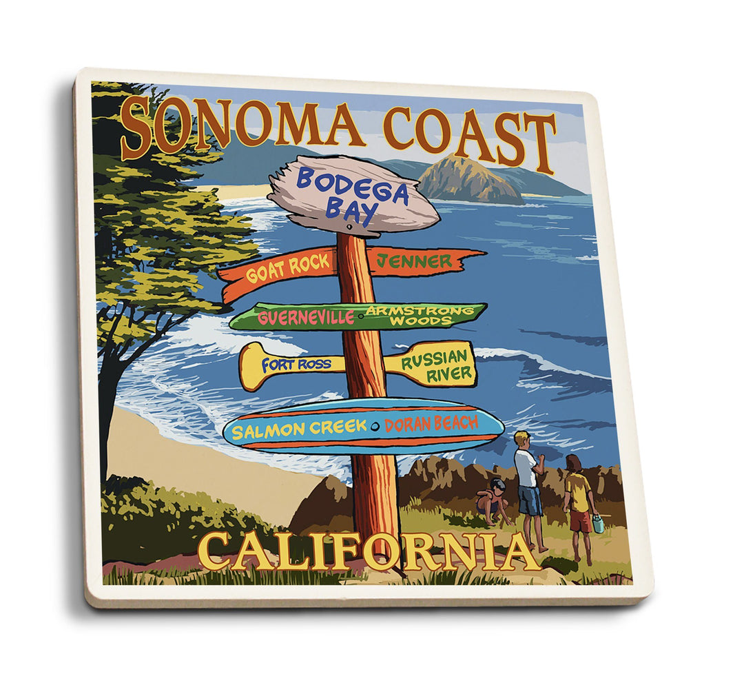 Sonoma Coast, California, Destination Signpost, Lantern Press Artwork, Coaster Set Coasters Lantern Press 