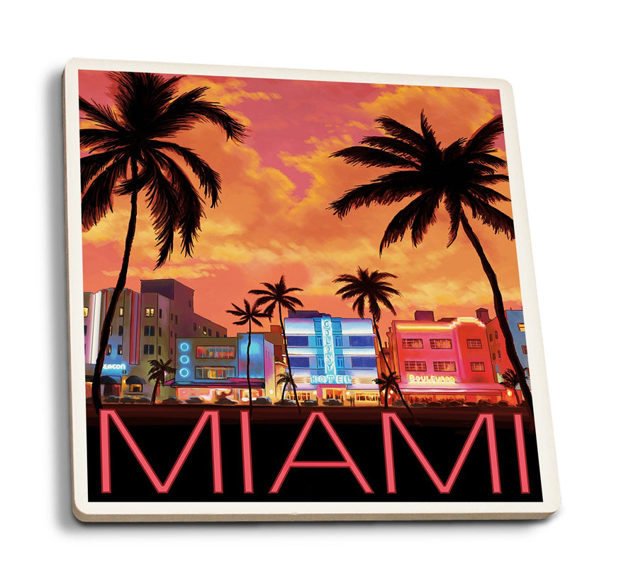 South Beach Miami, Florida, Lantern Press Artwork, Coaster Set Coasters Lantern Press 