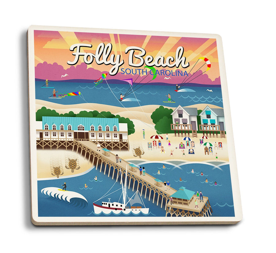 South Carolina, Folly Beach, Retro Style, Lantern Press Artwork, Coaster Set Coasters Lantern Press 