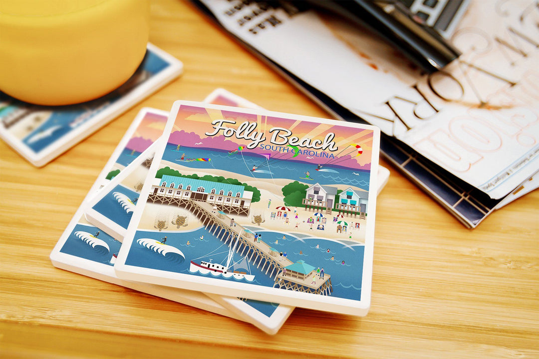 South Carolina, Folly Beach, Retro Style, Lantern Press Artwork, Coaster Set Coasters Lantern Press 