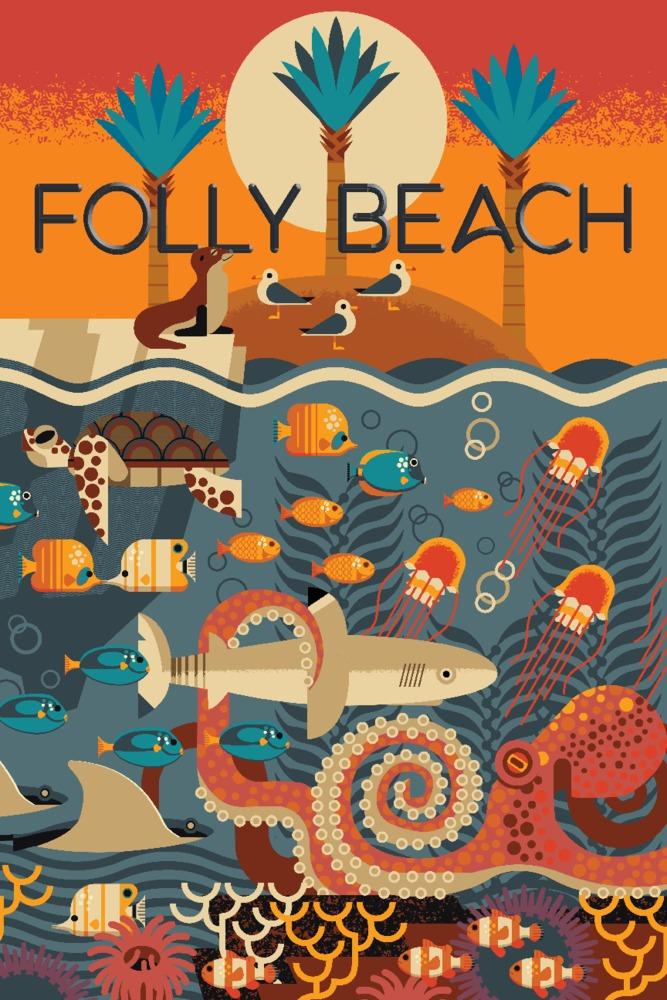 South Carolina, Folly Beach, Textured Geometric, Lantern Press Artwork, Art Prints and Metal Signs Art Lantern Press 12 x 18 Art Print 