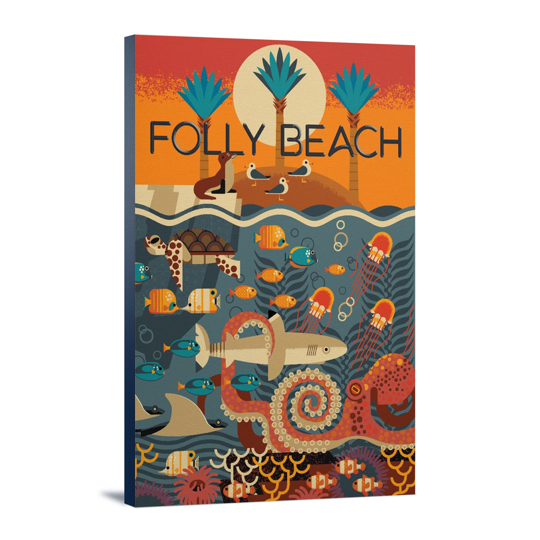 South Carolina, Folly Beach, Textured Geometric, Lantern Press Artwork, Stretched Canvas Canvas Lantern Press 12x18 Stretched Canvas 