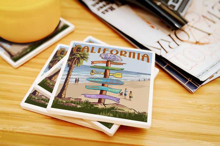 Southern California Beaches, Destinations Sign, Lantern Press Artwork, Coaster Set Coasters Lantern Press 