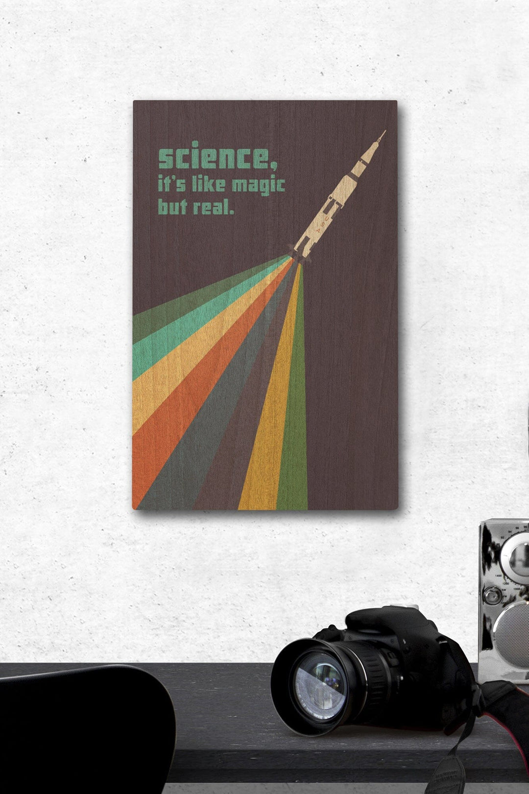 Space Is The Place Collection, Rainbow Rocket, Science It's Like Magic But Real, Wood Signs and Postcards Wood Lantern Press 12 x 18 Wood Gallery Print 