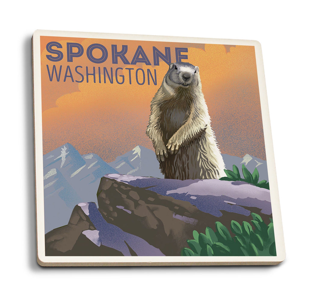Spokane, Washington, Marmot, Lithograph, Lantern Press Artwork Coasters Lantern Press 
