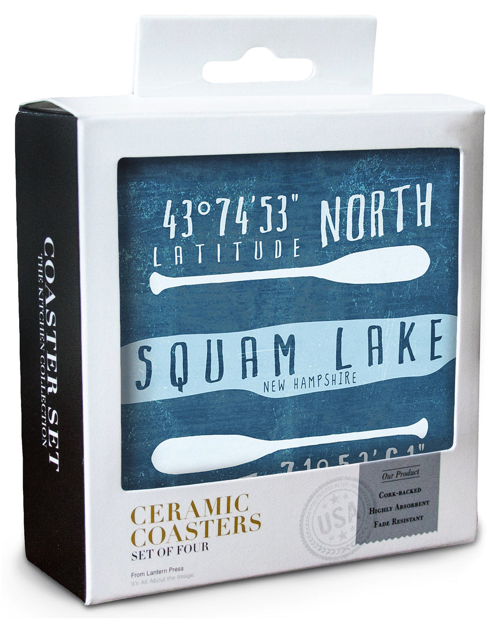 Squam Lake, New Hampshire, Lake Essentials, Latitude & Longitude, Lantern Press Artwork, Coaster Set Coasters Lantern Press 