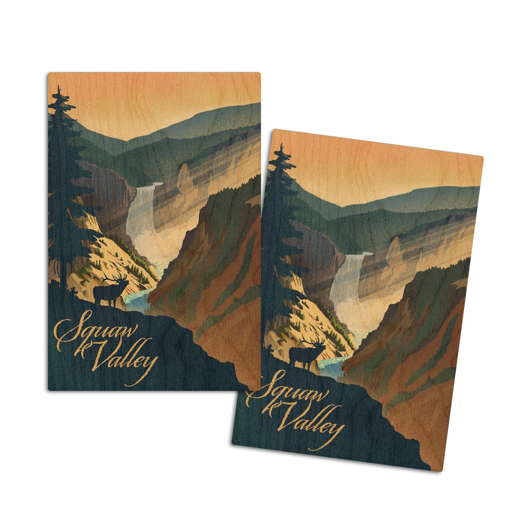 Squaw Valley, California, Elk and Falls, Lithograph, Lantern Press Artwork, Wood Signs and Postcards Wood Lantern Press 4x6 Wood Postcard Set 