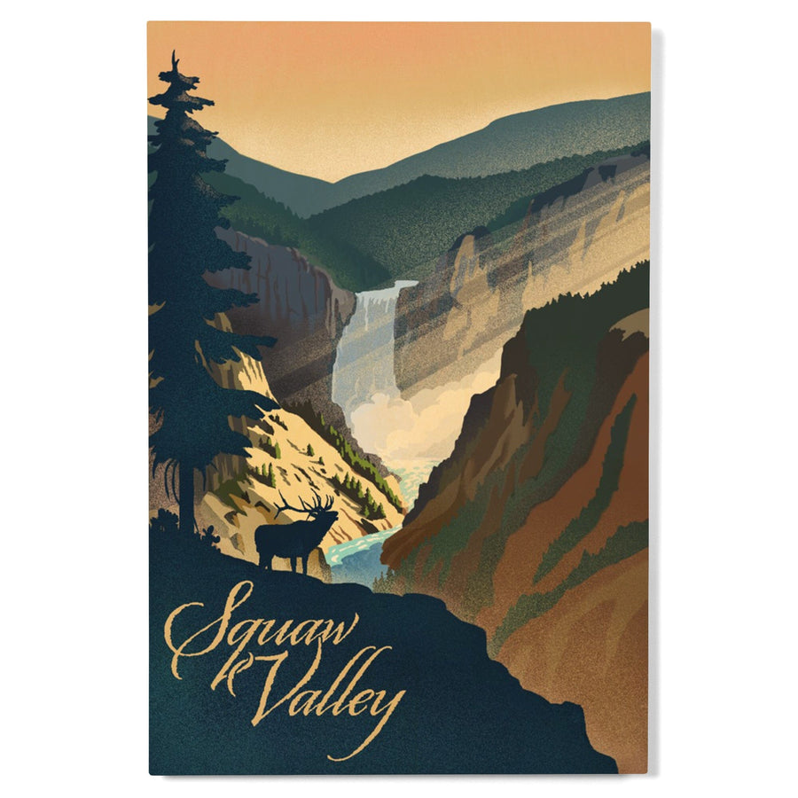Squaw Valley, California, Elk and Falls, Lithograph, Lantern Press Artwork, Wood Signs and Postcards Wood Lantern Press 