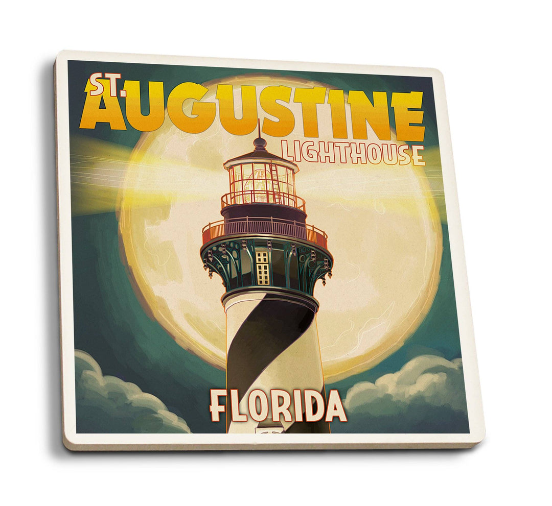 St. Augustine, Florida, Lighthouse & Moon, Lantern Press Artwork, Coaster Set Coasters Lantern Press 